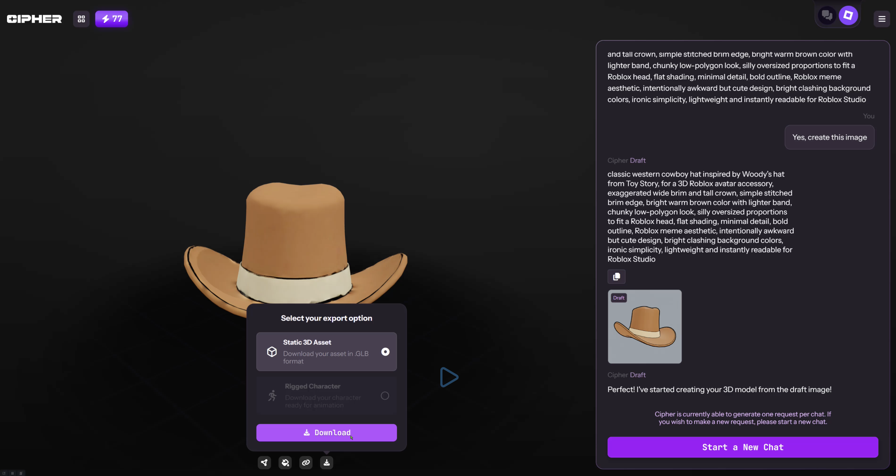 ipher interface displaying a generated 3D Roblox avatar accessory: a low-poly brown cowboy hat with a tall crown, wide curved brim, and light-colored band. The hat is centered on a dark background. An export modal is open showing “Static 3D Asset (.GLB)” selected with a purple Download button. On the right panel, a text prompt describes the cowboy hat design and confirms the 3D model is being generated from a draft image.