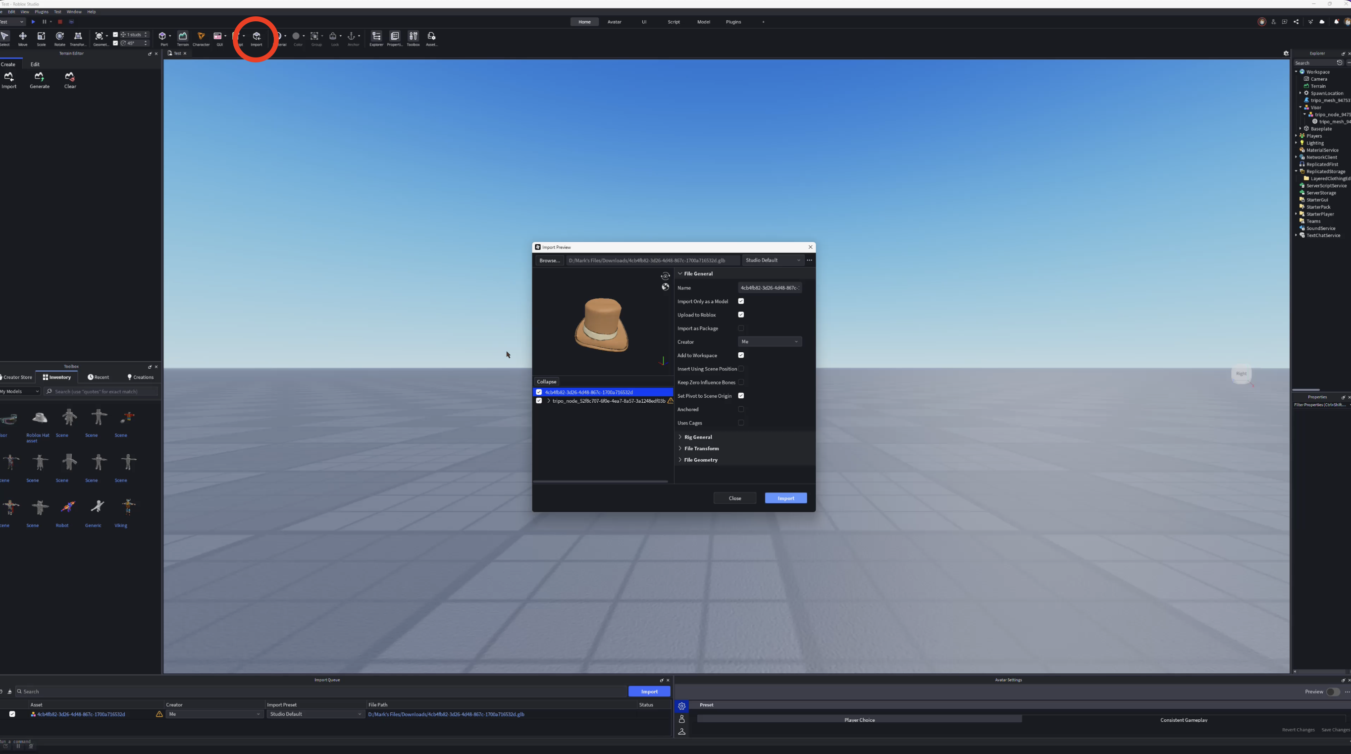 Screenshot of Roblox Studio with a 3D workspace open. An import preview window is centered on the screen showing a brown low-poly cowboy hat model ready for import. The top toolbar is visible with the Import menu circled in red. The Inventory panel appears on the left, the Explorer panel on the right, and the scene background shows a flat gray baseplate under a blue sky.
