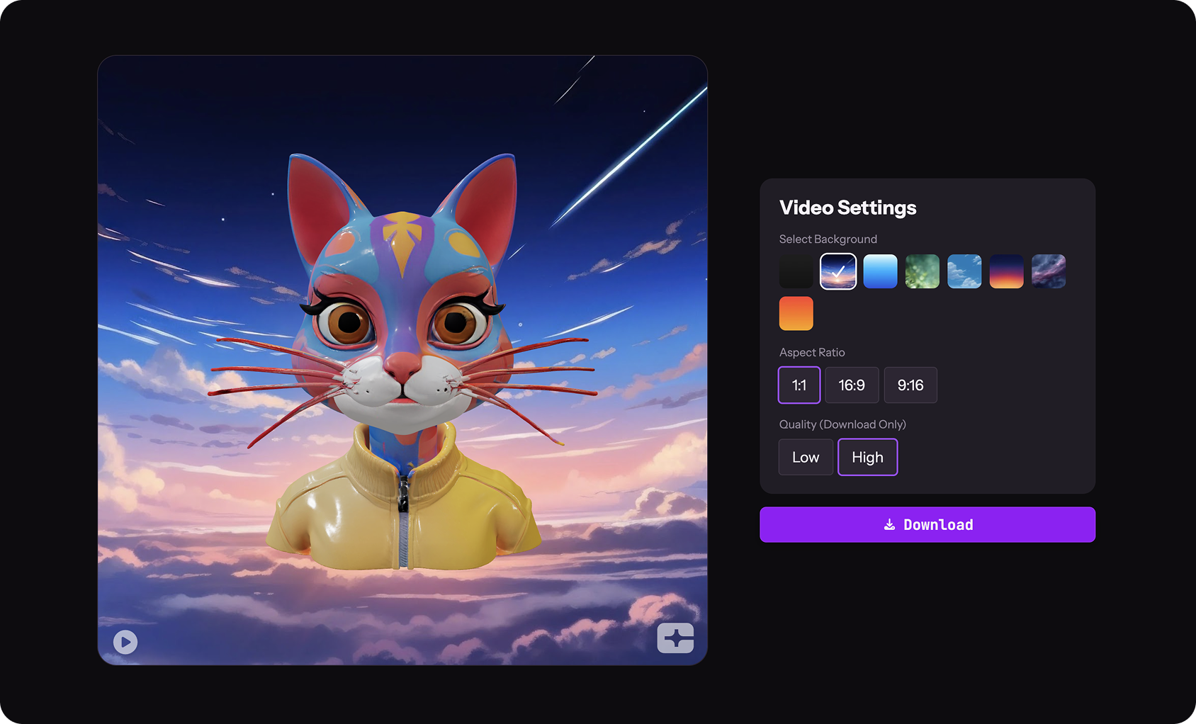 Cipher video preview screen showing a stylized 3D cat character against a sky-themed background. On the right, a ‘Video Settings’ panel allows users to select backgrounds, choose aspect ratios (1:1, 16:9, 9:16), set download quality, and download the video using a purple ‘Download’ button.