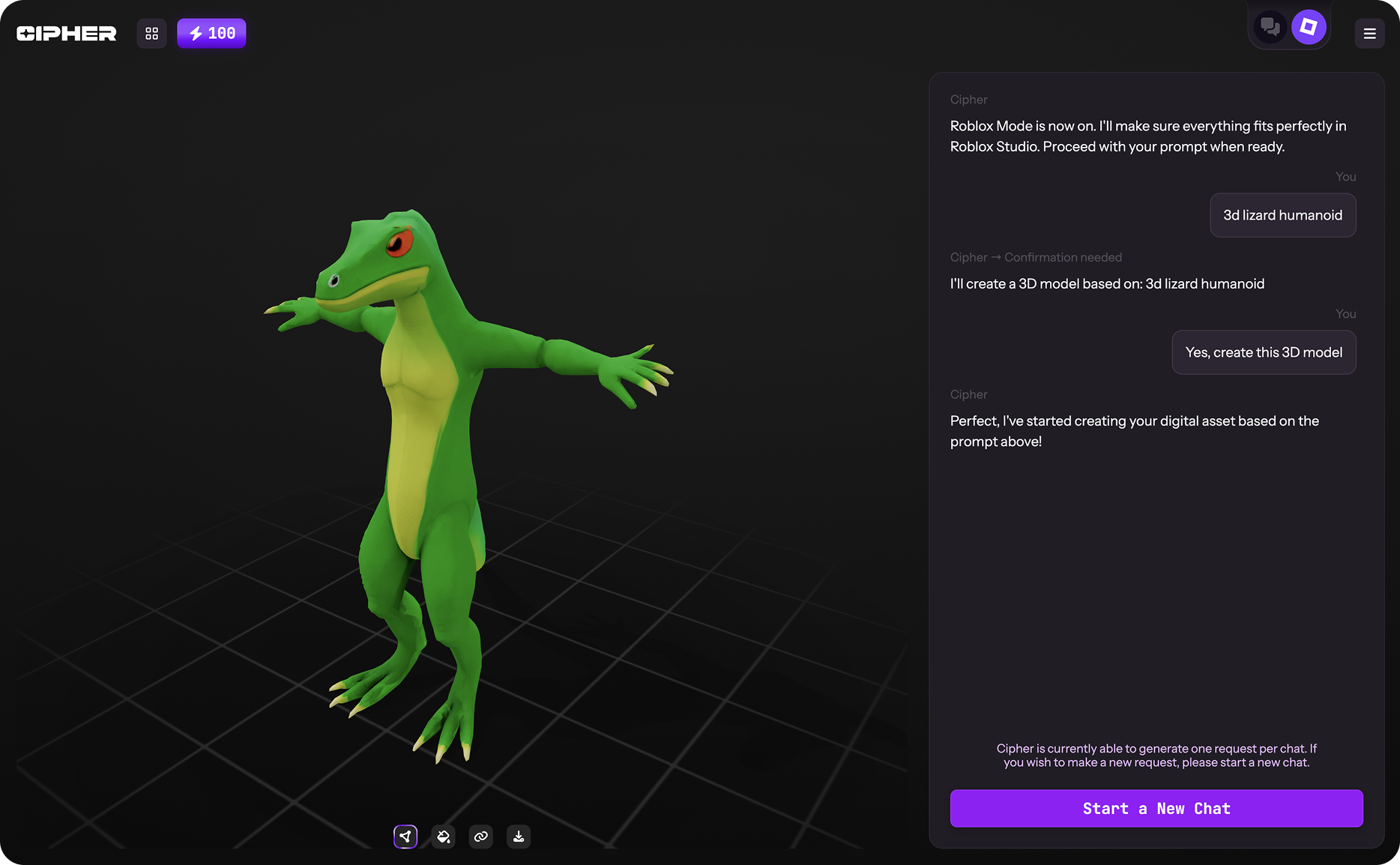 “Wide screenshot of the Cipher 3D workspace with Roblox Mode enabled. A green humanoid lizard character is displayed in a T-pose on a dark grid background. On the right, the chat panel confirms creation of a ‘3D lizard humanoid’ optimized for Roblox Studio, with a purple ‘Start a New Chat’ button at the bottom.